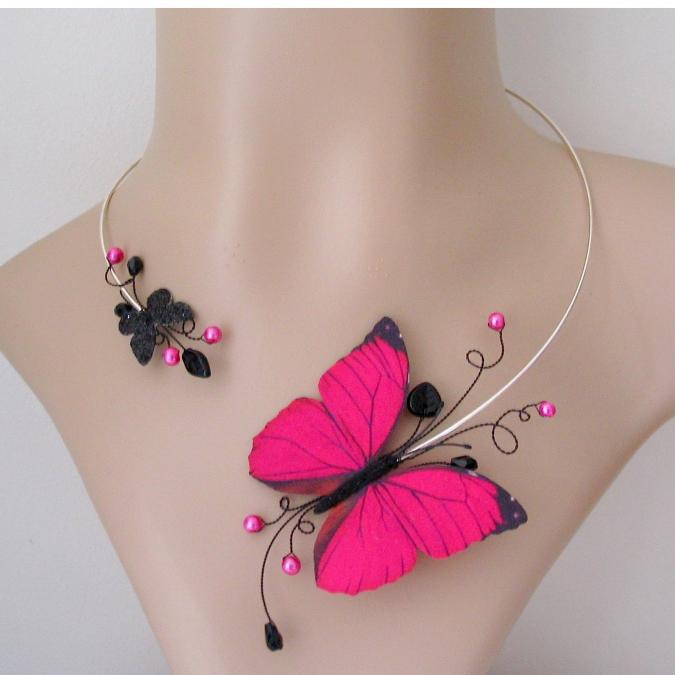 Bijoux by maeva - Bijoux fantaisie créateur collier rose fuschia et noir papillon - Collier - Métal