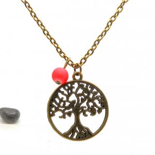 Breloques et cie - Collier fantaisie arbre de vie perle rouge - Collier - metal bronze