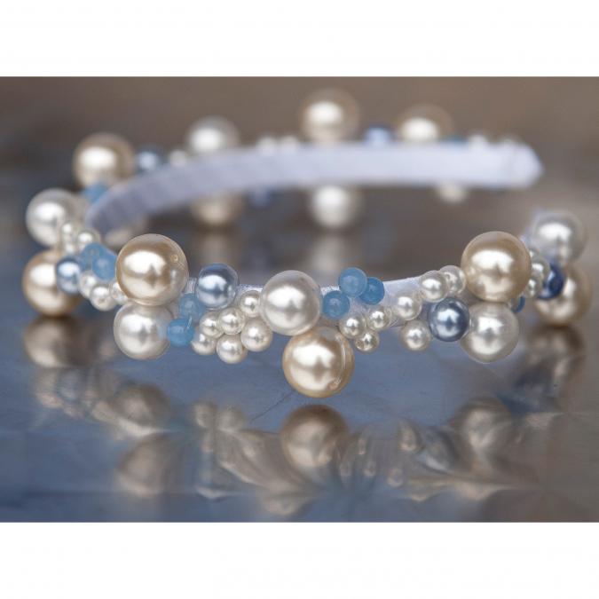 Couronne2fleurs - Diadème perlé pour mariée ou demoiselle d&#039;honneur blanc et bleu - diadème