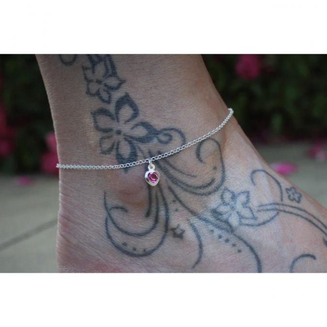 EmmaFashionStyle - Chaine de cheville en argent massif breloque coeur en cristal rose - Chaine de cheville