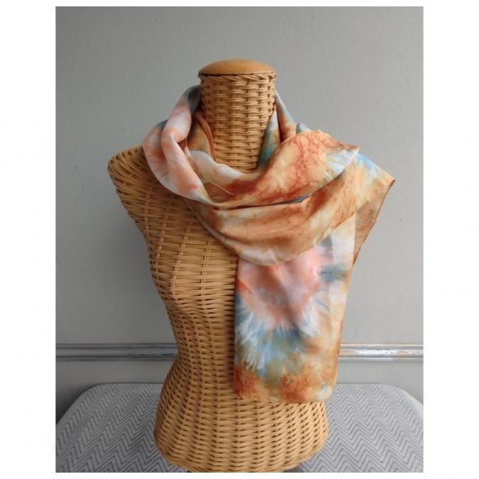 Evysoie - Echarpe, foulard, en soie, vieil or, gris acier et corail - Echarpe femme et ado