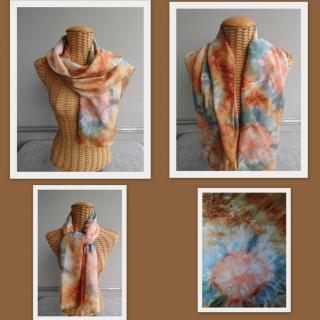Evysoie - Echarpe, foulard, en soie, vieil or, gris acier et corail - Echarpe femme et ado
