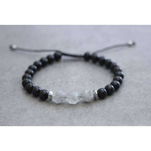 JEGSTONE - Bracelet en perles onyx mat, quartz gris et acier inoxydable - Bracelet - perles onyx, perles nuggets quartz gris et perles toupies en acier inoxydable