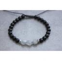 JEGSTONE - Bracelet en perles onyx mat, quartz gris et acier inoxydable - Bracelet - perles onyx, perles nuggets quartz gris et perles toupies en acier inoxydable