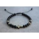 JEGSTONE - Bracelet perles onyx et pyrite avec croix en pyrite - Bracelet - perles onyx, perles en pyrite et croix en pyrite. Fermoir coulissant