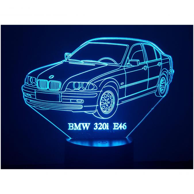 KISSKISSMETAL - BMW 320i E46 - Lampe d&#039;ambiance 3D à leds, gravure laser sur acrylique, alimentation par piles ou câble USB - Lampe d&#039;ambiance