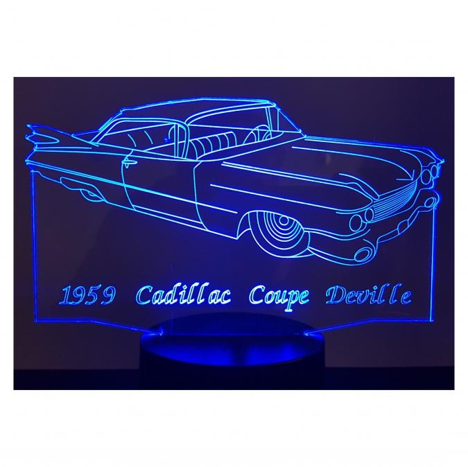 KISSKISSMETAL - CADILLAC COUPE DEVILLE 1959 - Lampe d&#039;ambiance 3D à leds, gravure laser sur acrylique, alimentation par piles ou câble usb - Lampe d&#039;ambiance