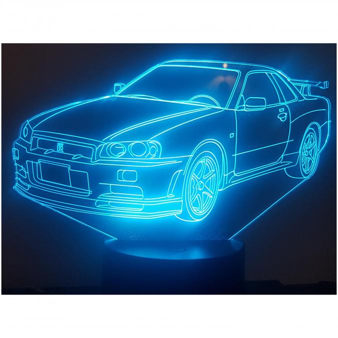 KISSKISSMETAL - NISSAN GTR 34 - Lampe d&#039;ambiance 3D à leds, gravure laser sur acrylique, alimentation par piles ou câble USB - Lampe d&#039;ambiance