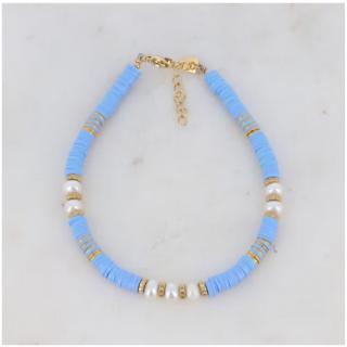 L & J jewels - Bracelet de cheville Korail doré avec perles Heishi bleues et perles d&#039;eau douce - Bracelet - 