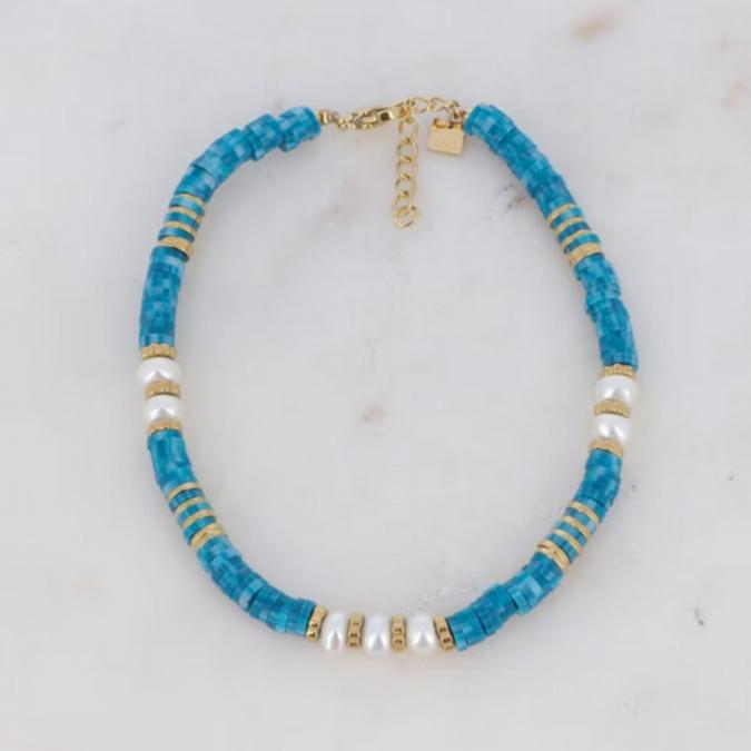 L & J jewels - Bracelet de cheville Korail doré avec perles Heishi indigo et perles d&#039;eau douce - Bracelet - 4668
