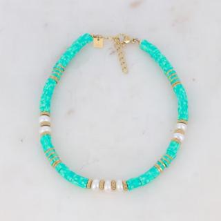 L & J jewels - Bracelet de cheville Korail doré avec perles Heishi turquoises et perles d&#039;eau douce - Bracelet - 4668