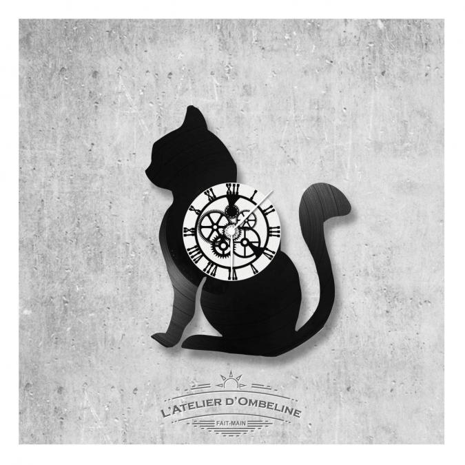 L'Atelier d'Ombeline - Horloge en disque vinyle 33 tours thème Chat seul - Horloge - 