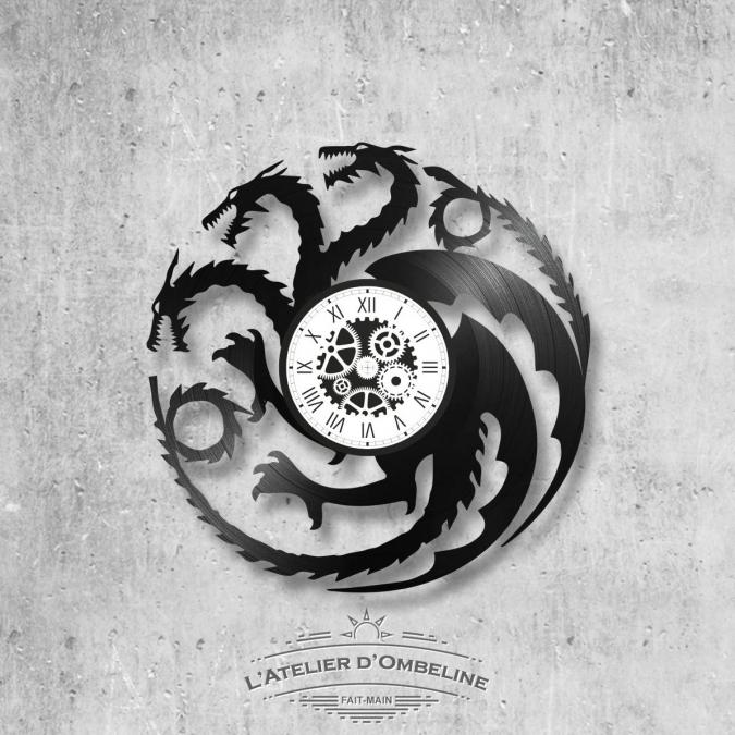 L'Atelier d'Ombeline - Horloge en disque vinyle 33 tours thème Game or throne dragon - Horloge - 