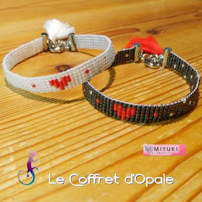 Le Coffret d'Opale - Bracelet coeur &quot;Kokoro&quot; tissé avec perles Miyuki blanches ou noires, rouges et argentées - Bracelet - argent