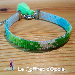 Le Coffret d'Opale - Bracelet &quot;Gurin&quot; tissé avec perles Miyuki en camaïeu de bleu et vert - Bracelet - argent