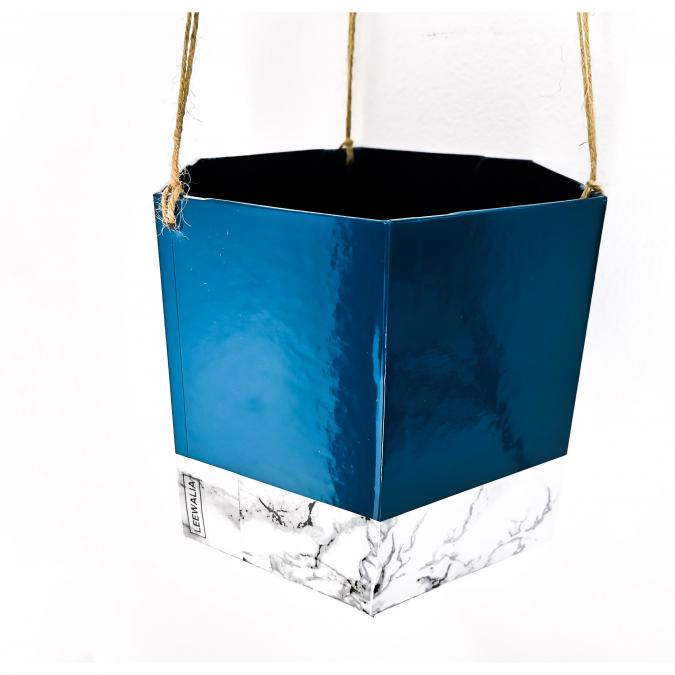 LEEWALIA - Cache-pot GEO à suspendre - bleu pétrole et marbre blanc - Cache-pot