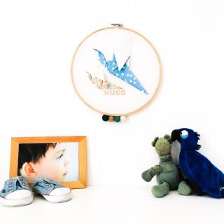 LEEWALIA - Tambour OISEAUX bleu et beige - décoration chambre enfant bébé à personnaliser - Décoration enfant