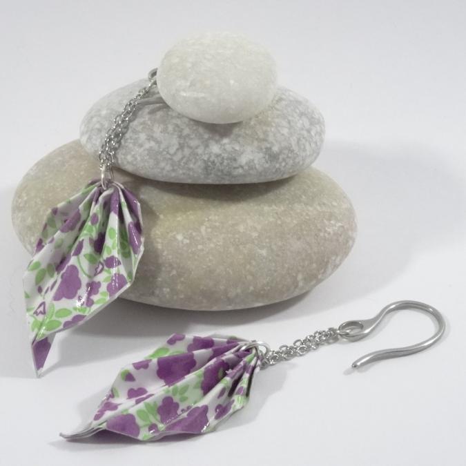 Line et les perles - Boucles Feuilles Origami fuchsia avec pois multicolores - Boucles d&#039;oreille - Acier