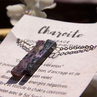 LithoGaia - Délicat collier barre charoite argent, Bijoux cadeau pierre natuelle - Collier - Argent (925)