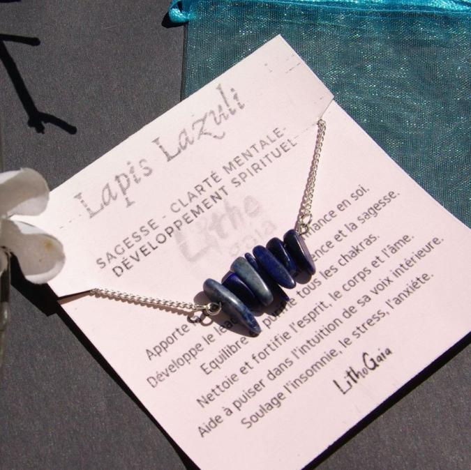 LithoGaia - Délicat collier barre lapis lazuli argent, Bijoux bien être anti stress, cadeau pour elle pierre natuelle - Collier - Argent (925)
