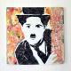 Lune et Animo - Charlie Chaplin, Peinture originale, décoration murale &#039;Quand Charlie découvre la couleur&#039; - Peinture - 70cm x 70cm x 3cm