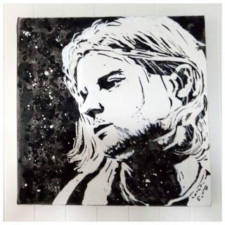 Lune et Animo - Kurt Cobain, Portrait carré, noir et blanc, Acrylique, décoration murale - décoration murale