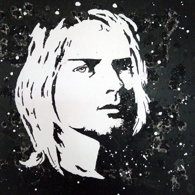 Lune et Animo - Portrait noir et blanc, Kurt Cobain, Acrylique, décoration murale - décoration murale