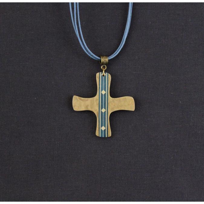 MARQUETERIE-49 - Croix d&#039;aube originale en bois bleu - croix en bois