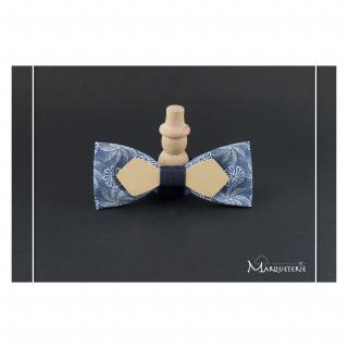 MARQUETERIE-49 - Noeud papillon double tissu motifs bleu blanc et bois - Noeud papillon