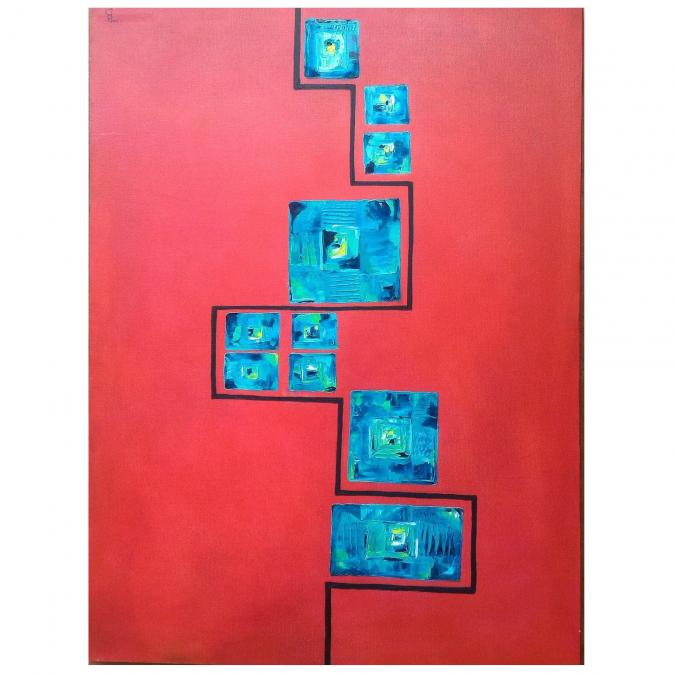 Michèle Blanchet-Durand - Rouge turquoise 1 - Peinture - 54 x 73 cm