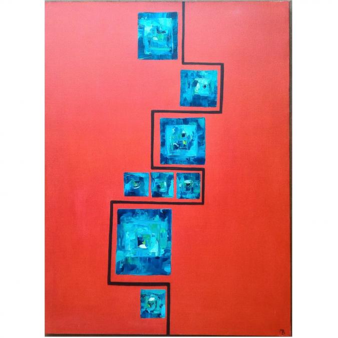Michèle Blanchet-Durand - Rouge turquoise 2 - Peinture - 54 x73 cm