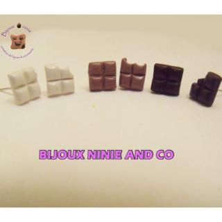 Miluzninie - Boucles d&#039;oreilles puce tablette de chocolat en fimo - Boucles d&#039;oreille - Fimo