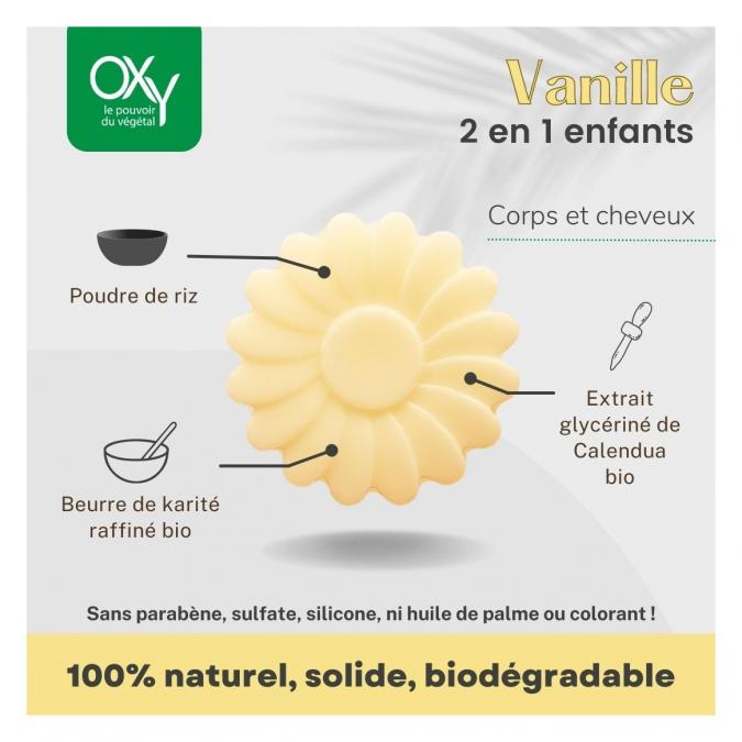 OXy Cosmétiques - Savon solide corps et cheveux spécial enfant, 2 en 1 - Parfum Vanille - Cosmétique 100% naturelle française - Shampoing - 0.07
