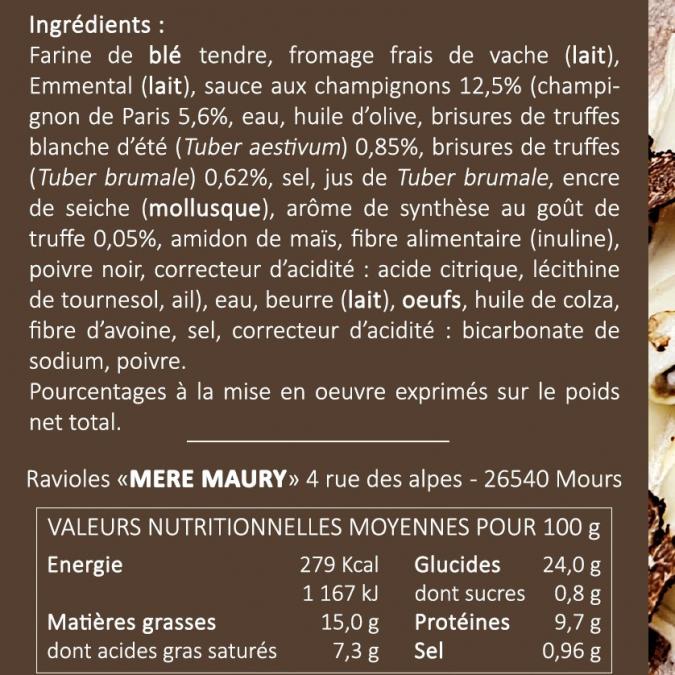 Les Ravioles de la Mère Maury - Ravioles surgelées Truffe d’Été 0,85% Truffe Brumale 0,62% et arôme Truffe - Ravioles - 600 gr