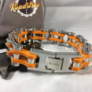 Roadstrap - Bracelet Man Silver &amp; orange en chaîne de transmission pour les attaché(e)s de moto / Vélo - Bracelet - Acier