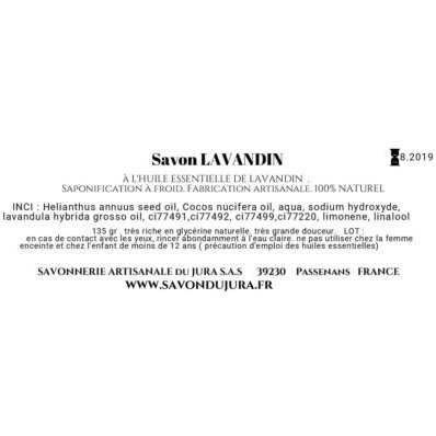 SAVONNERIE ARTISANALE DU JURA - Savon surgras lavandin - Savon - 135 gr