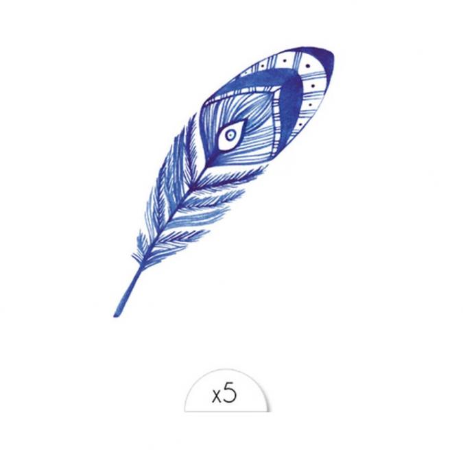Sioou - Plume traits fins bleus oeil x5 - Tatouage éphémère
