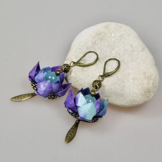 Terre de passion - Boucles d&#039;oreilles origami en papier japonais Washi bleu violet, Lotus - Boucles d&#039;oreilles-origami