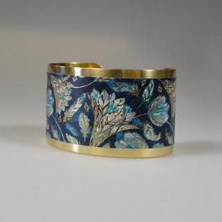 Terre de passion - Bracelet manchette en laiton et papier japonais bleu et doré - Bracelet manchette