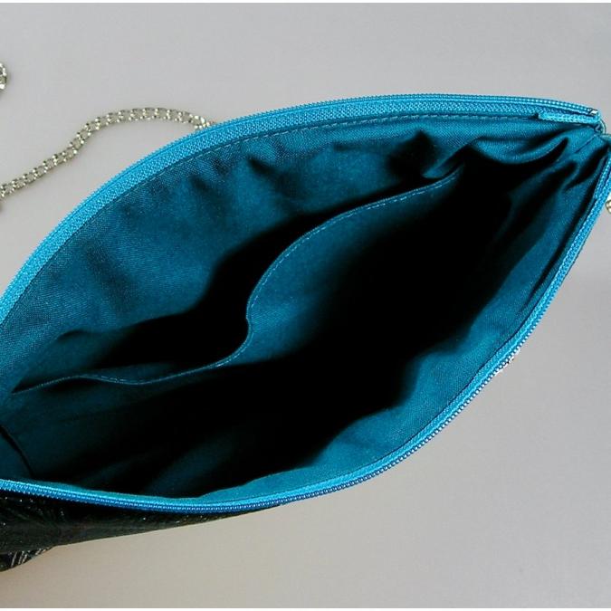 Terre de passion - Pochette, pochette soirée, sac bandoulière tissus japonais paon et simili cuir bleu - Pochettes, sacs