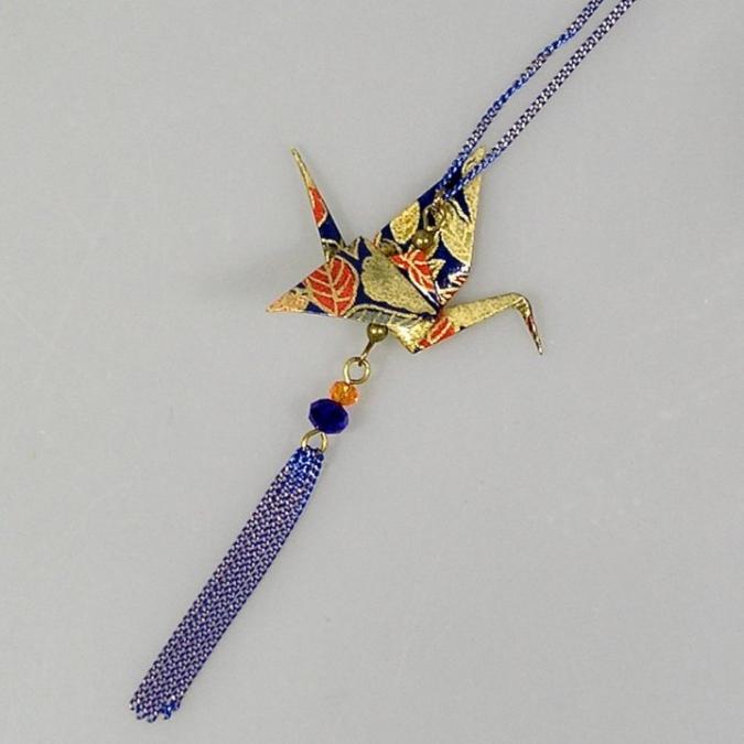 Terre de passion - Sautoir origami en papier japonais bleu foncé et orange, GRUE - Boucles d&#039;oreilles-origami