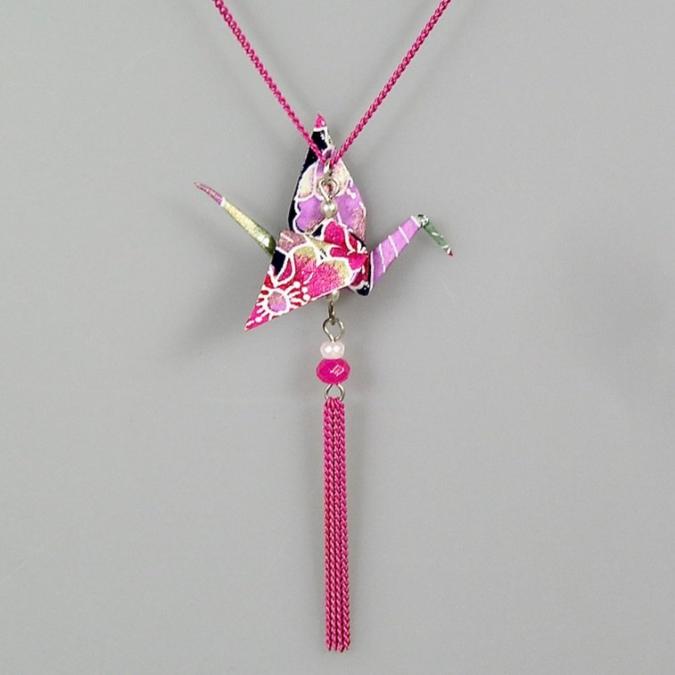 Terre de passion - Sautoir origami en papier japonais rose et violet, GRUE - Boucles d&#039;oreilles-origami