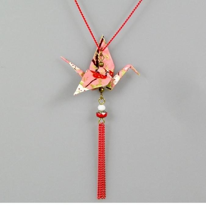 Terre de passion - Sautoir origami en papier japonais rouge et rose, GRUE - Boucles d&#039;oreilles-origami