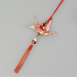 Terre de passion - Sautoir origami en papier japonais rouge et rose, GRUE - Boucles d&#039;oreilles-origami