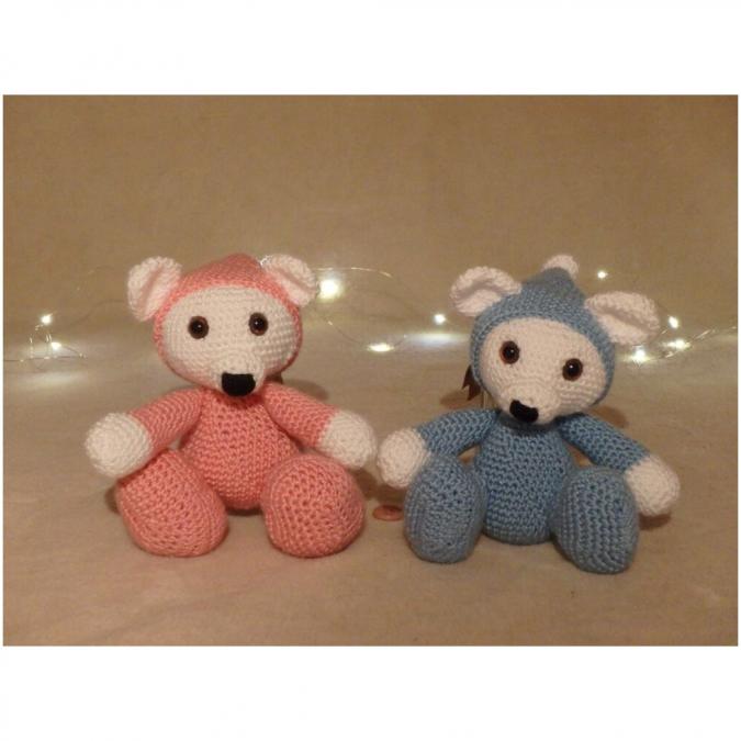 Valcreapassions - Couple petits oursons crochet bleu et rose - Peluche - 12 à 36 mois